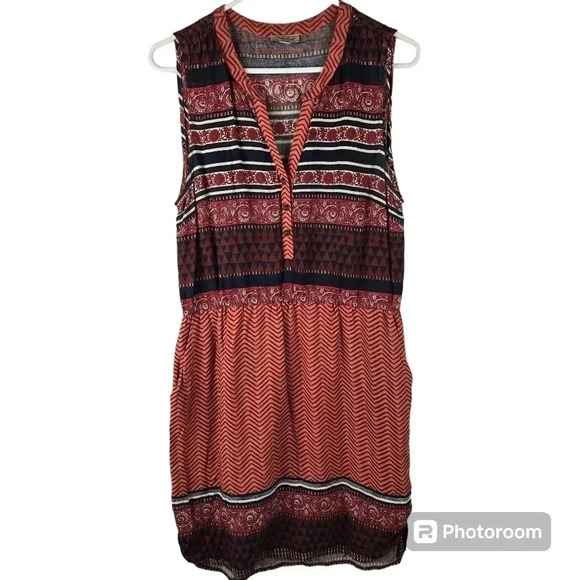 Lucky Brand Mandarin Tie Dress Rayon Button Up Sleeveless Red Boho size M - Picture 1 of 13